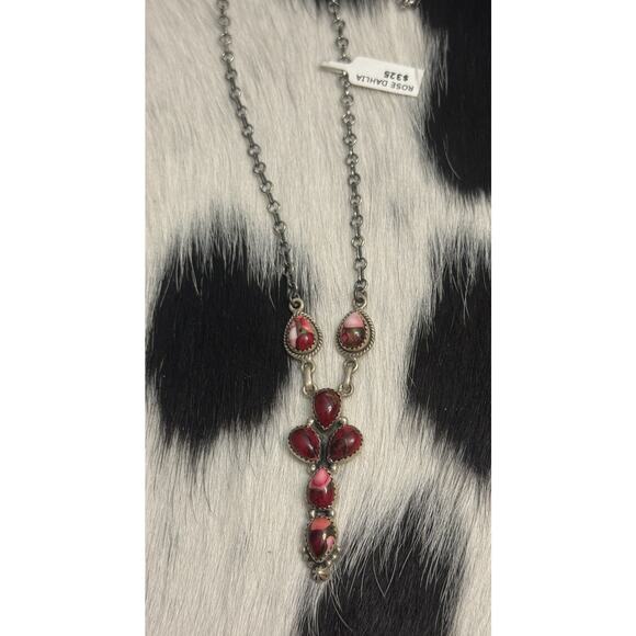 Native American Sterling Silver Multistone Red Rose Dahlia Lariat Necklace 18” - Picture 7 of 11